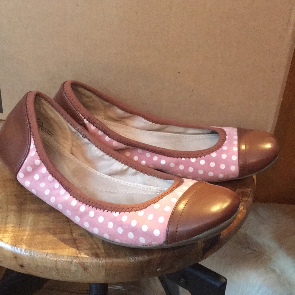 Brown and pink polka dot shoes